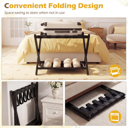 Folding Luggage Rack, Solid Rubber Wood Suitcase Stand with Storage Shelf