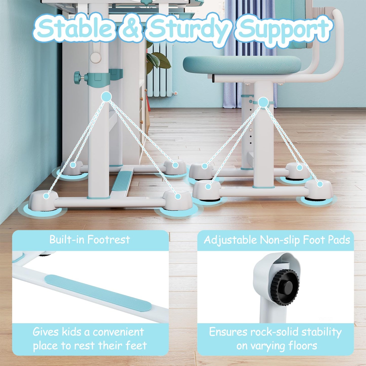 Kid's Study Desk and Chair Set with Tilt Desktop and Footrest Bar