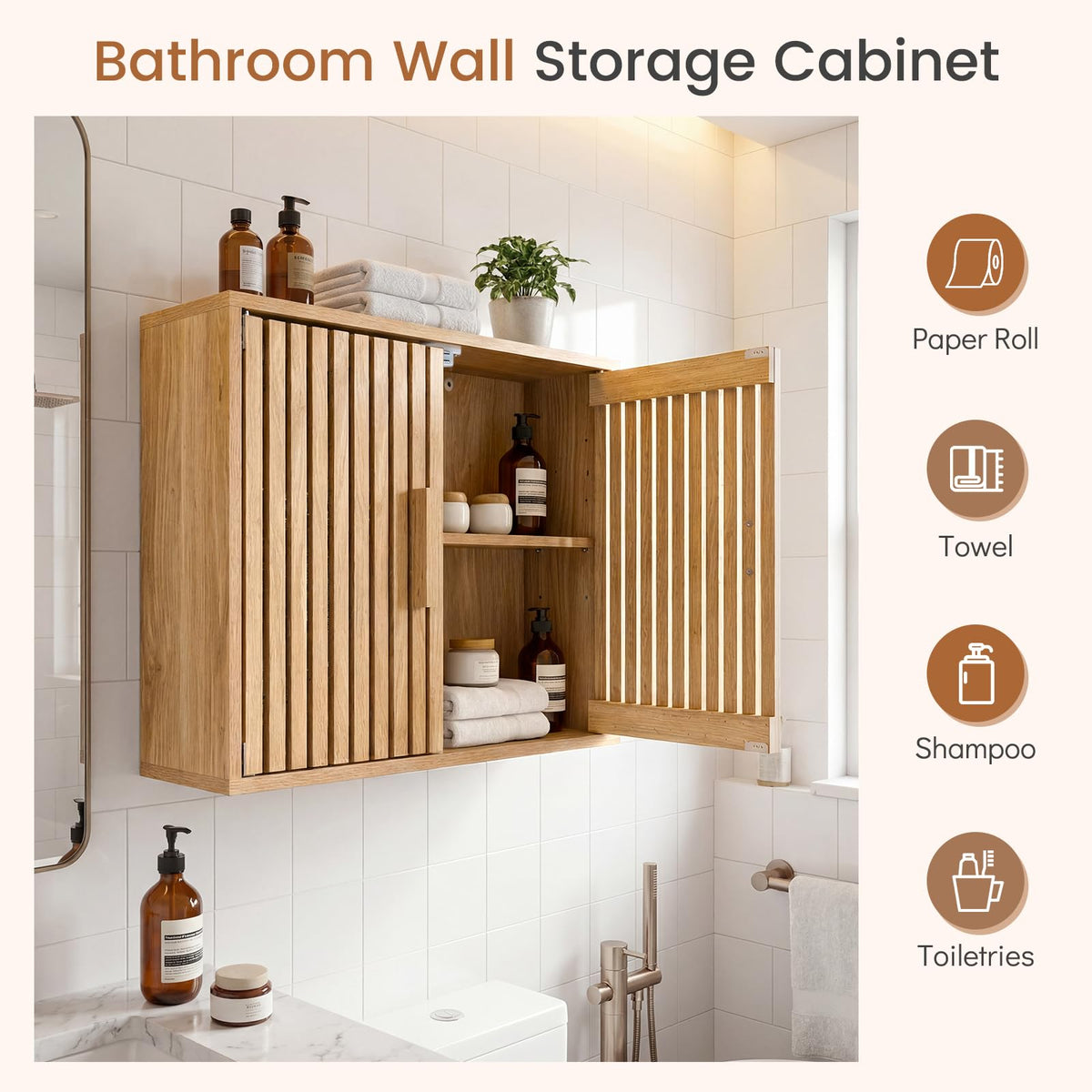 Bathroom Wall Cabinet, Wooden Over the Toilet Storage Organizer