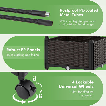 Garden Planter with Trellis & Roof, Self-Watering Raised Garden bed on Lockable Wheels