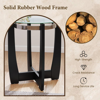 Tempered Glass End Table, Round Sofa Side Table with Rubber Wood Cross Base