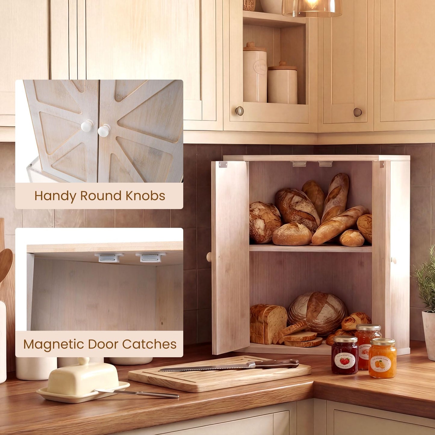 Corner Bread Box for Kitchen Counter, Bamboo Double Layer Breadbox Organizer with Adjustable Shelf