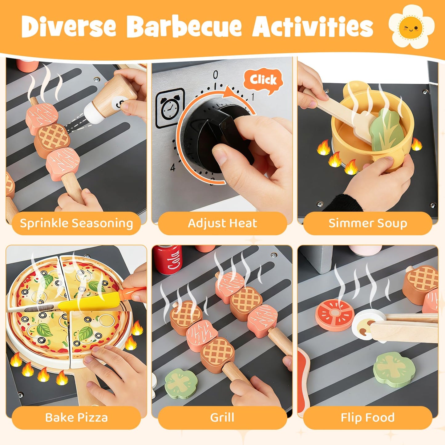 Kids BBQ Grill Playset, Wooden Toy Kitchen with Flip-Top Grill Covers