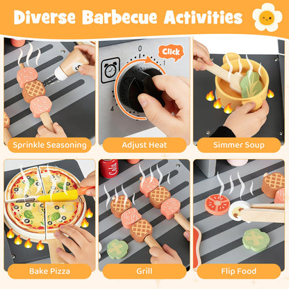 Kids BBQ Grill Playset, Wooden Toy Kitchen with Flip-Top Grill Covers