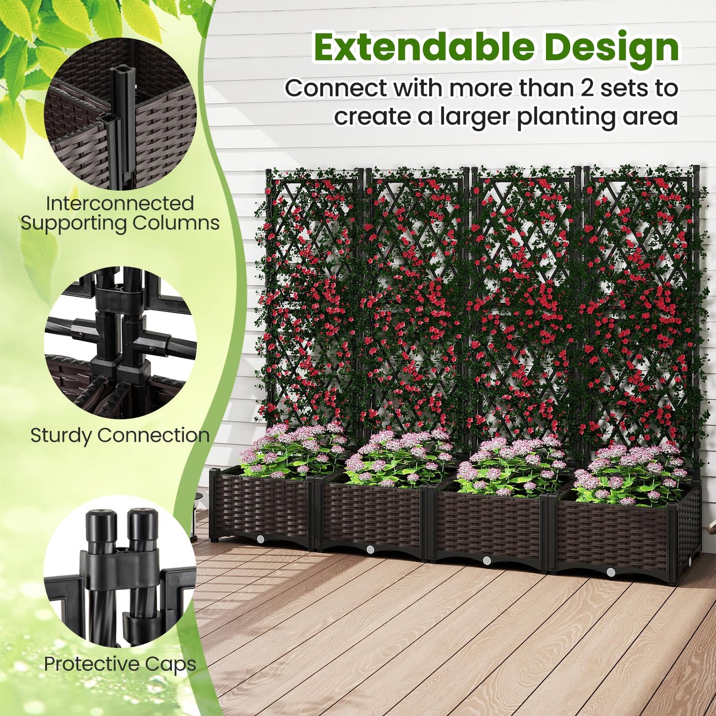 Garden Planter with Trellis with Self-Watering Device and Drainage Holes