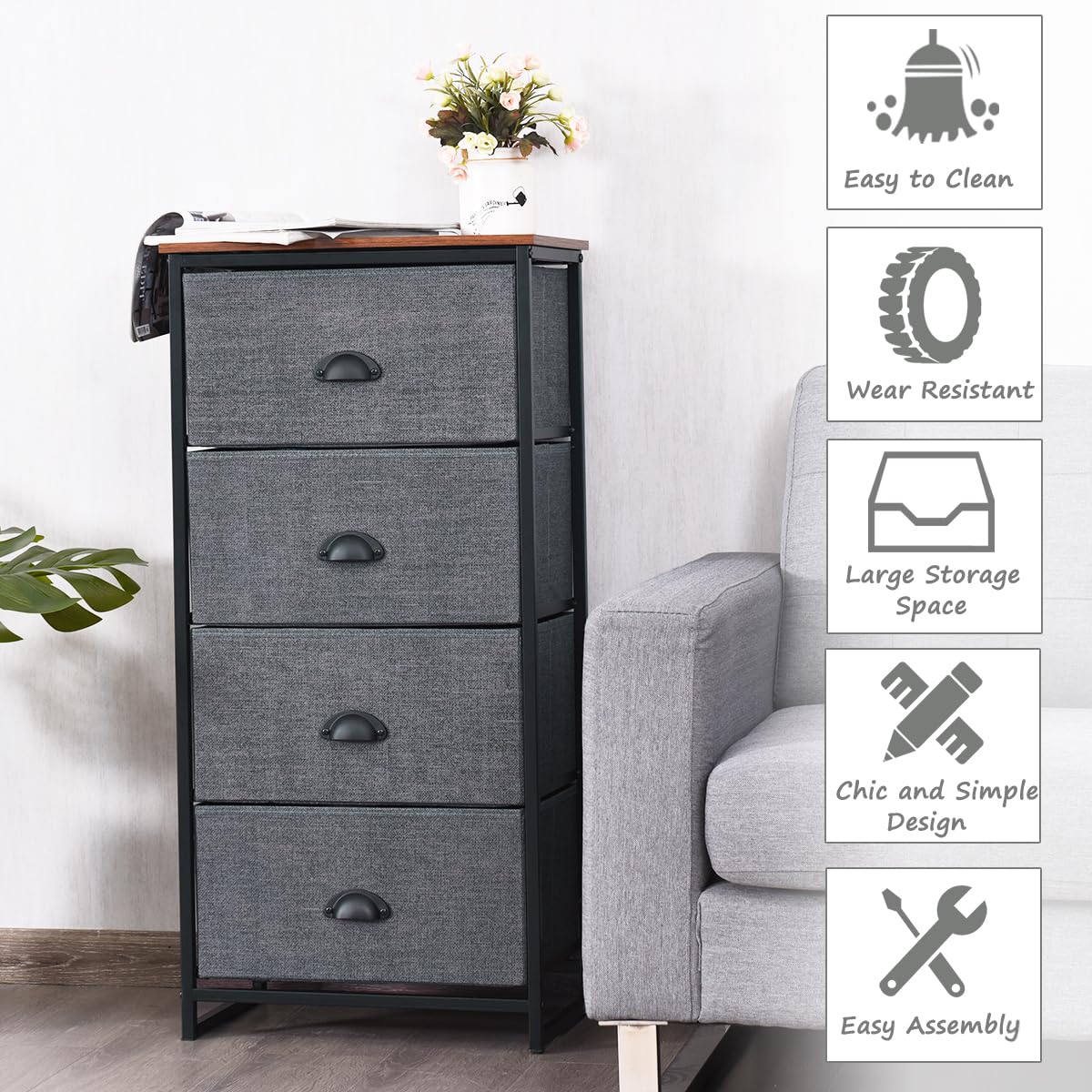 4 Fabric Nightstand Bedside Storage Cabinet Folding Drawers