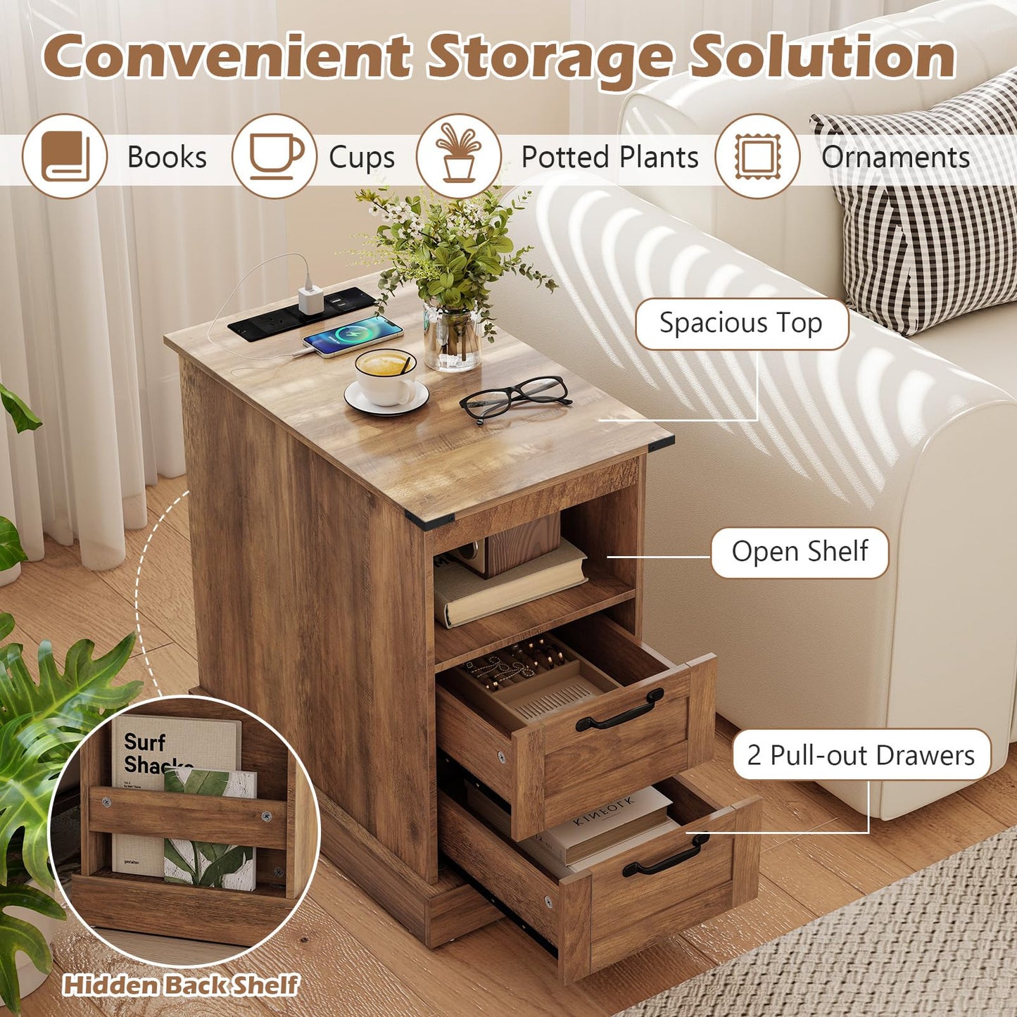 Narrow Bedside Table with Charging Station