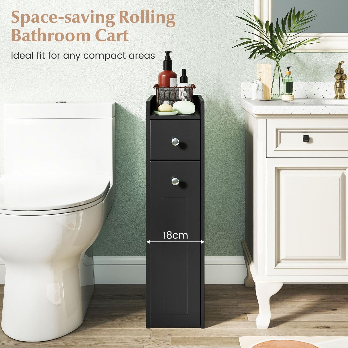 Small Bathroom Storage Cabinet 4-Tier Narrow Toilet Side Storage Cabinet with Slide Out Drawers on Casters