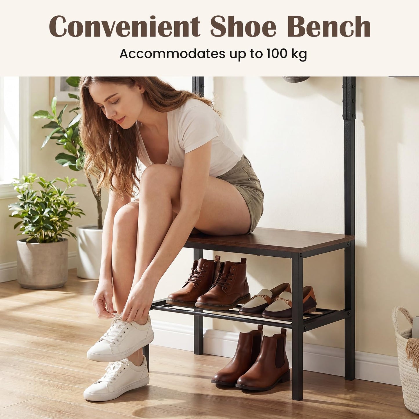 Coat Rack with Shoe Storage Bench, Freestanding Hall Tree Coat Stand with Hooks