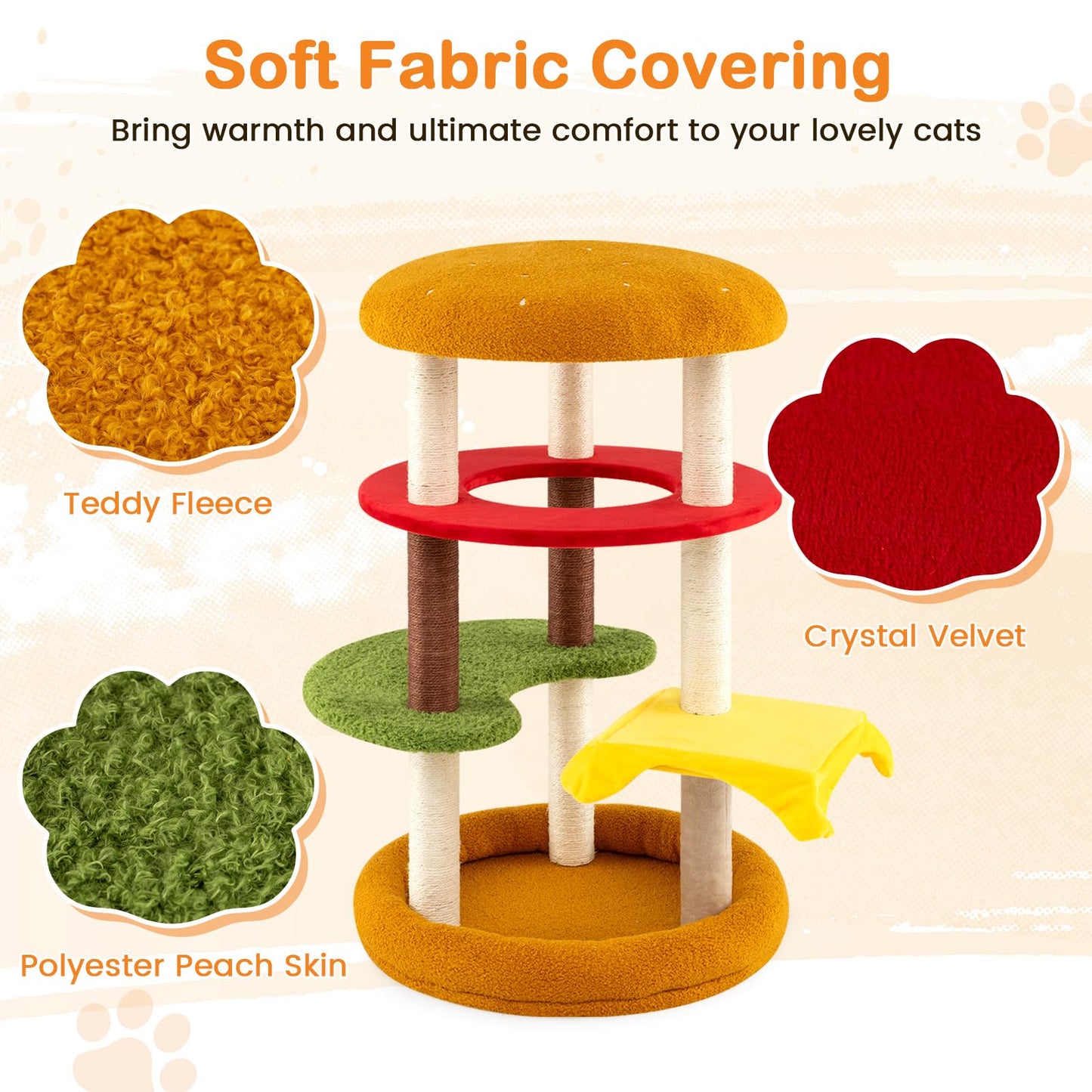 Cat Tree, 106cm Tall Hamburger-Theme Cats Tower | Indoor Multi-Level Kitten Climbing Stand Activity Center