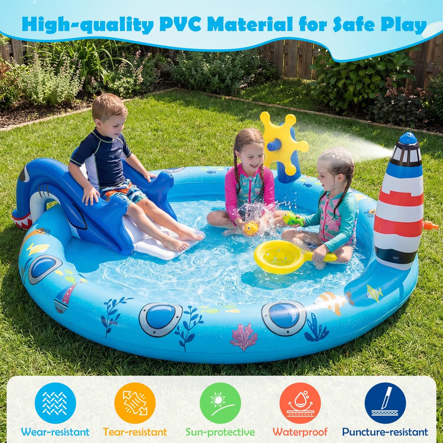 Inflatable Play Center, Marine Life Spray Paddling Pool with Slide & Sprinkle