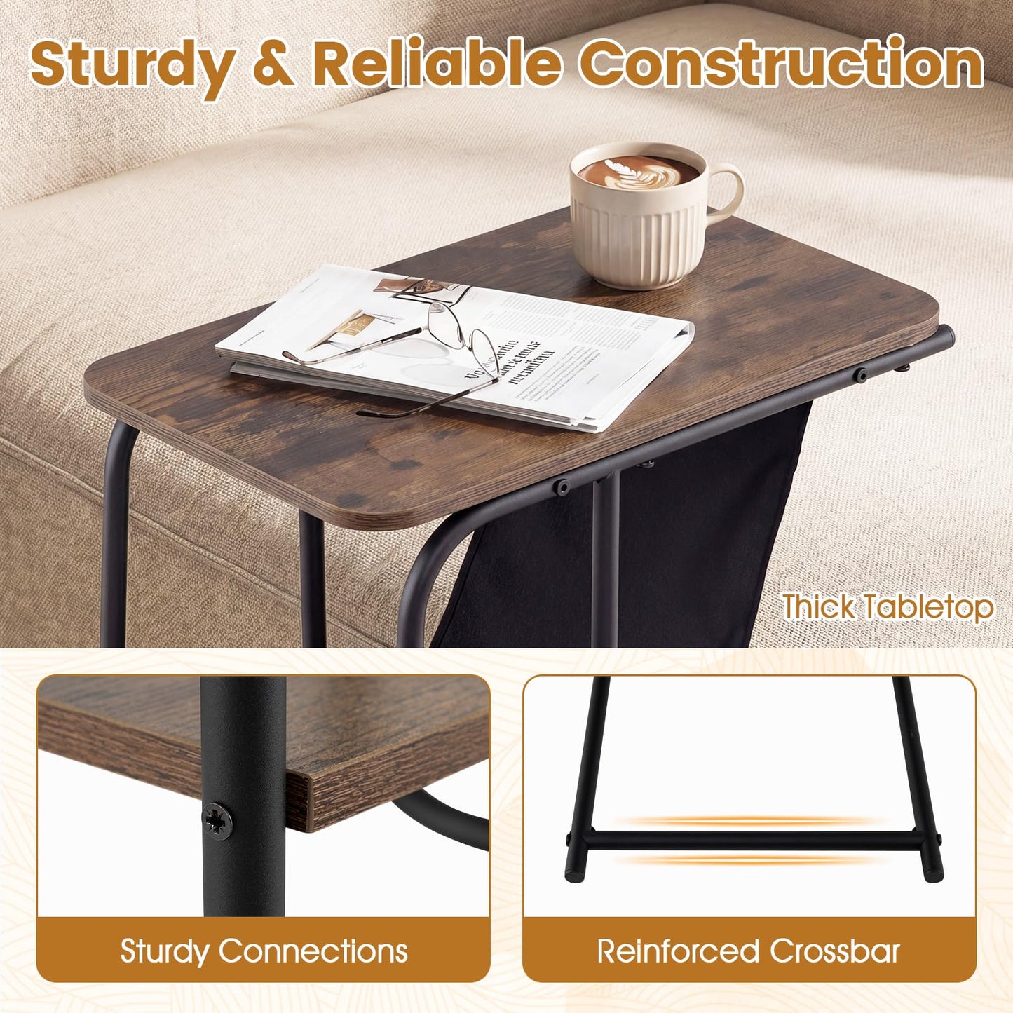 C-Shaped Side Table, Industrial Sofa End Table with Magazine Holder