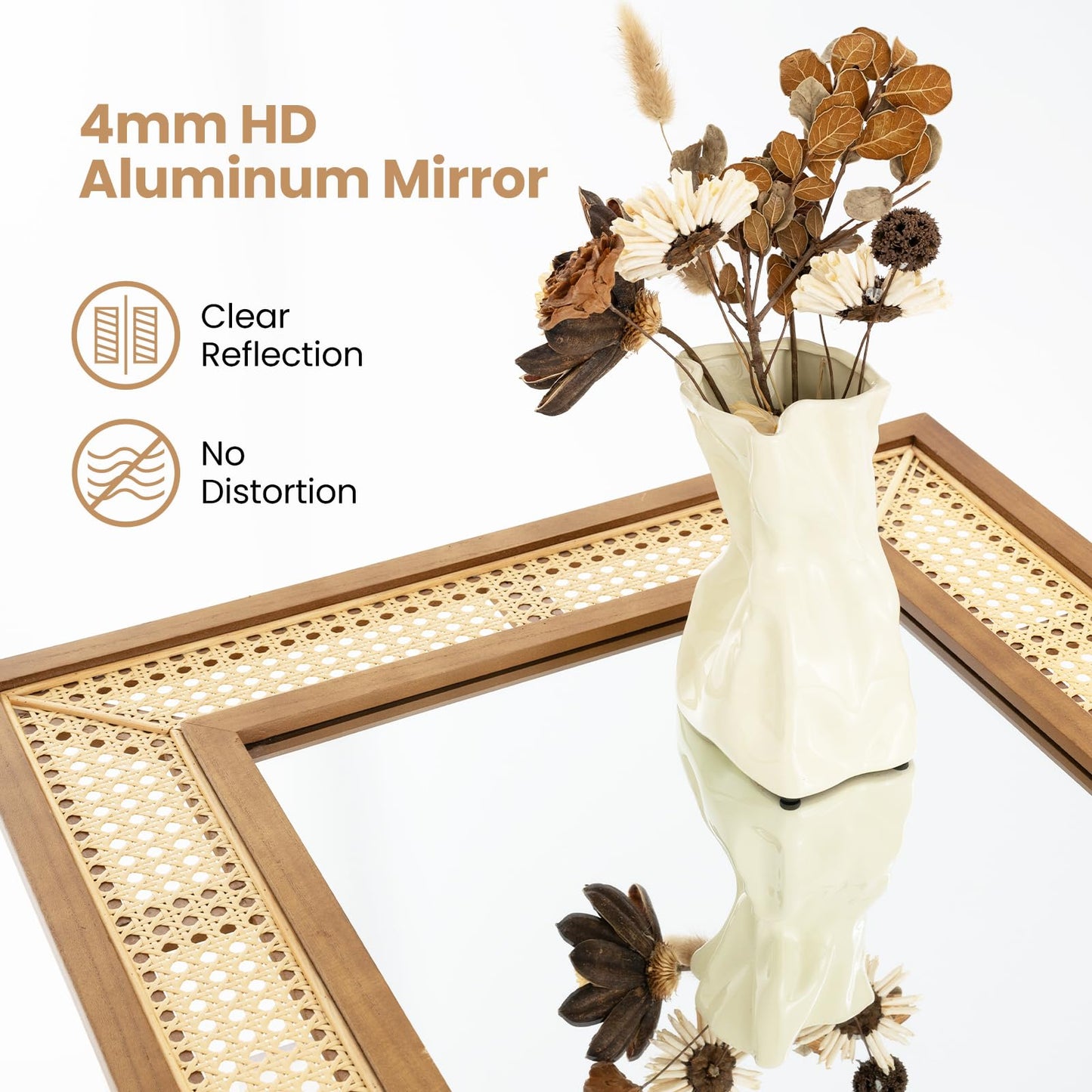 Rattan Decorative Wall Mirror, Large Wooden Frame Hanging Vanity Mirror