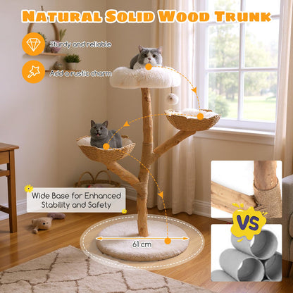 122 CM Tall Real Wood Branch Kitten Tower with Flower Perch and 2 Wicker Baskets