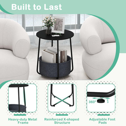 2-Tier End Table with Fabric Storage Basket and Metal Frame