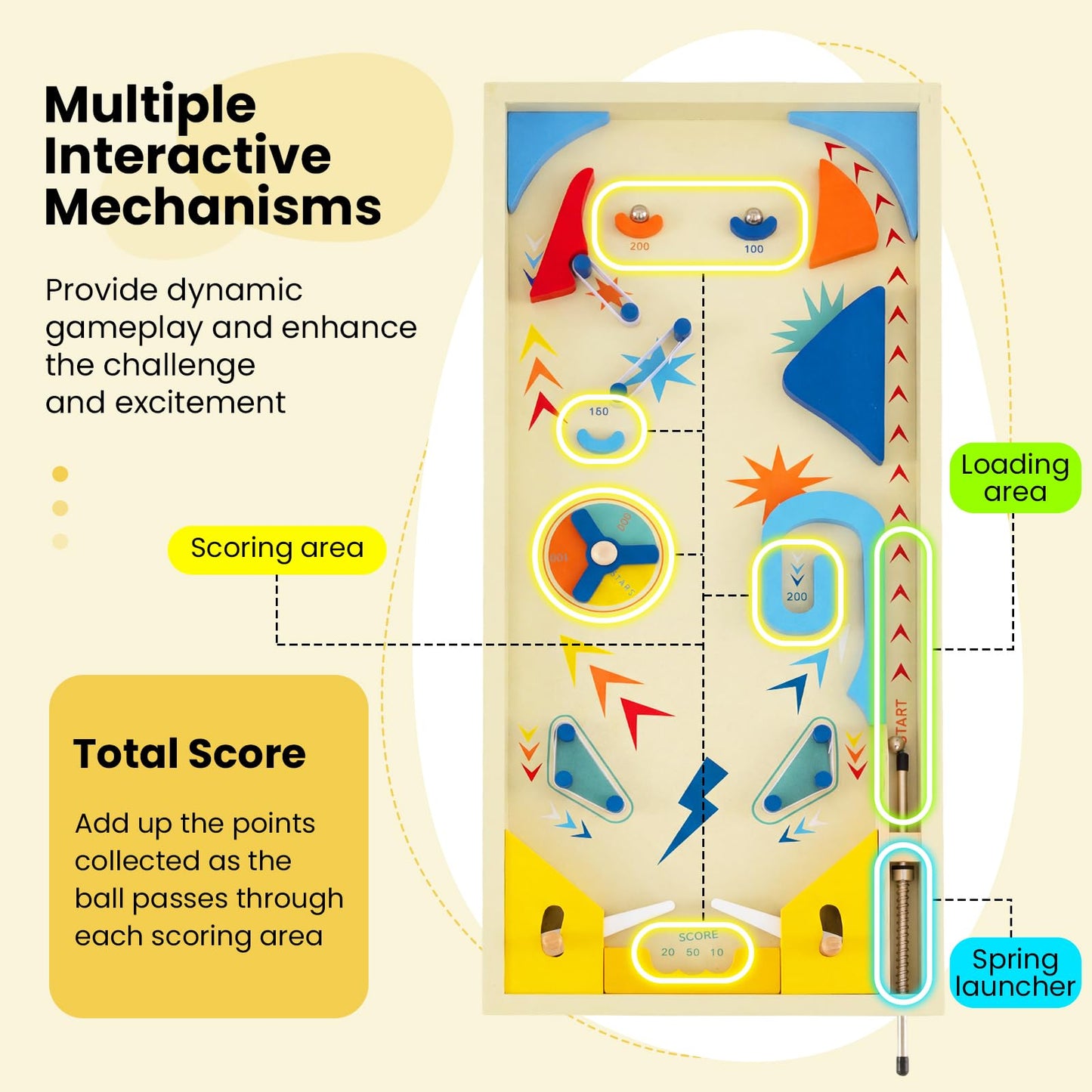 Wooden Pinball Machine Scoring Rotating Track Tabletop Game with 3 Balls
