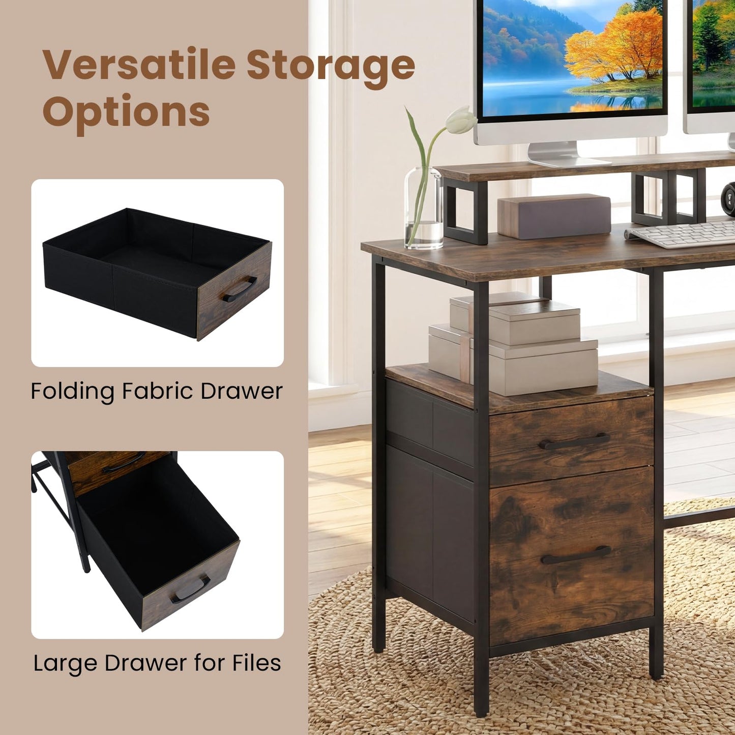 L-shaped Desk with Power Outlets Monitor Stand 2 Drawers and Adjustable Shelf