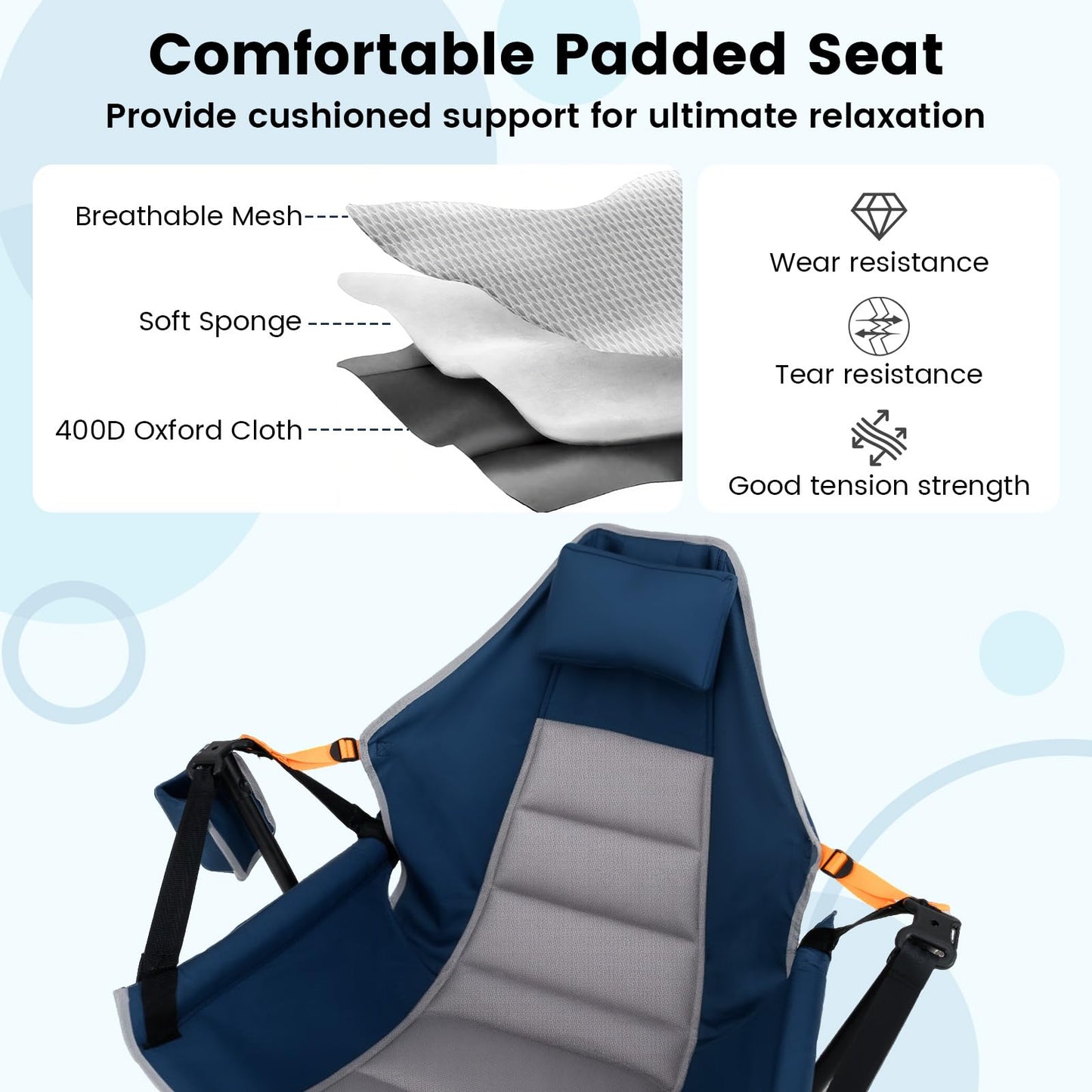 Folding Hammock Camping Chair with Adjustable Back Head Pillow