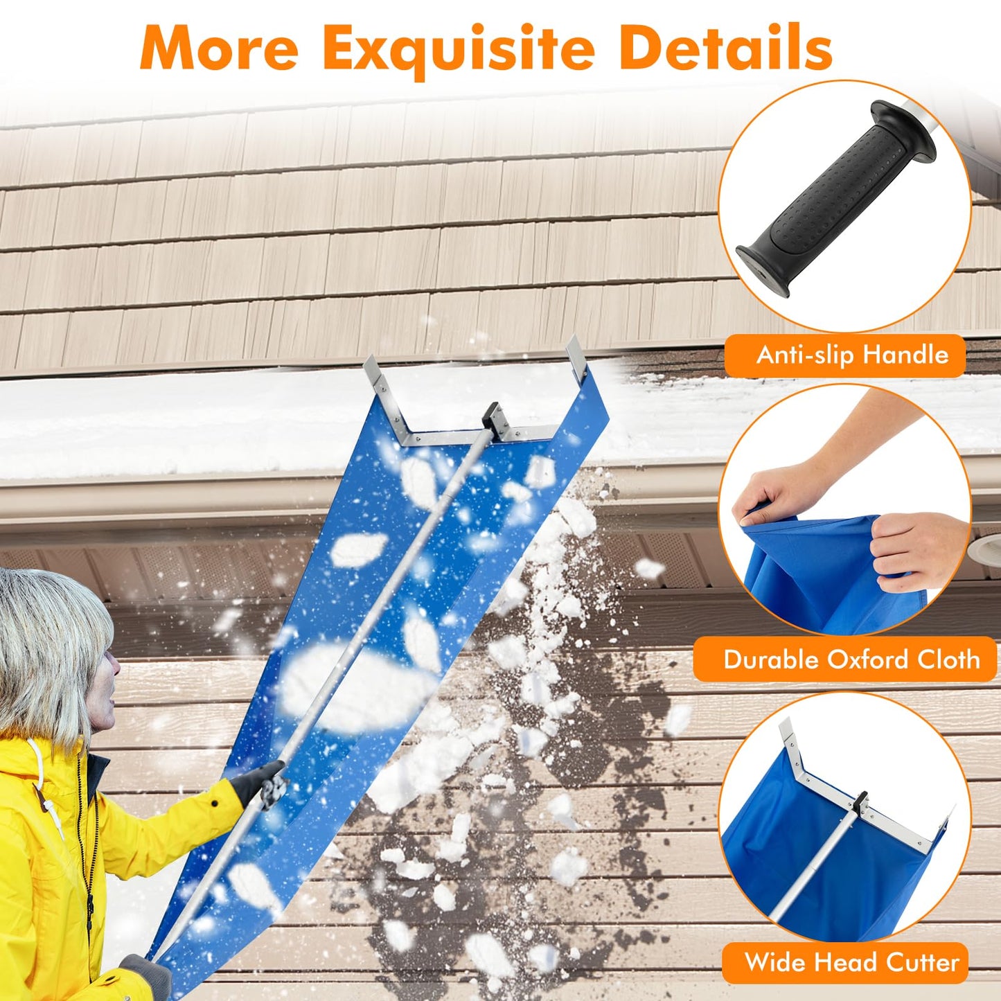 Snow Roof Rake with 4 Section Pole Wheels and Anti-slip Handle