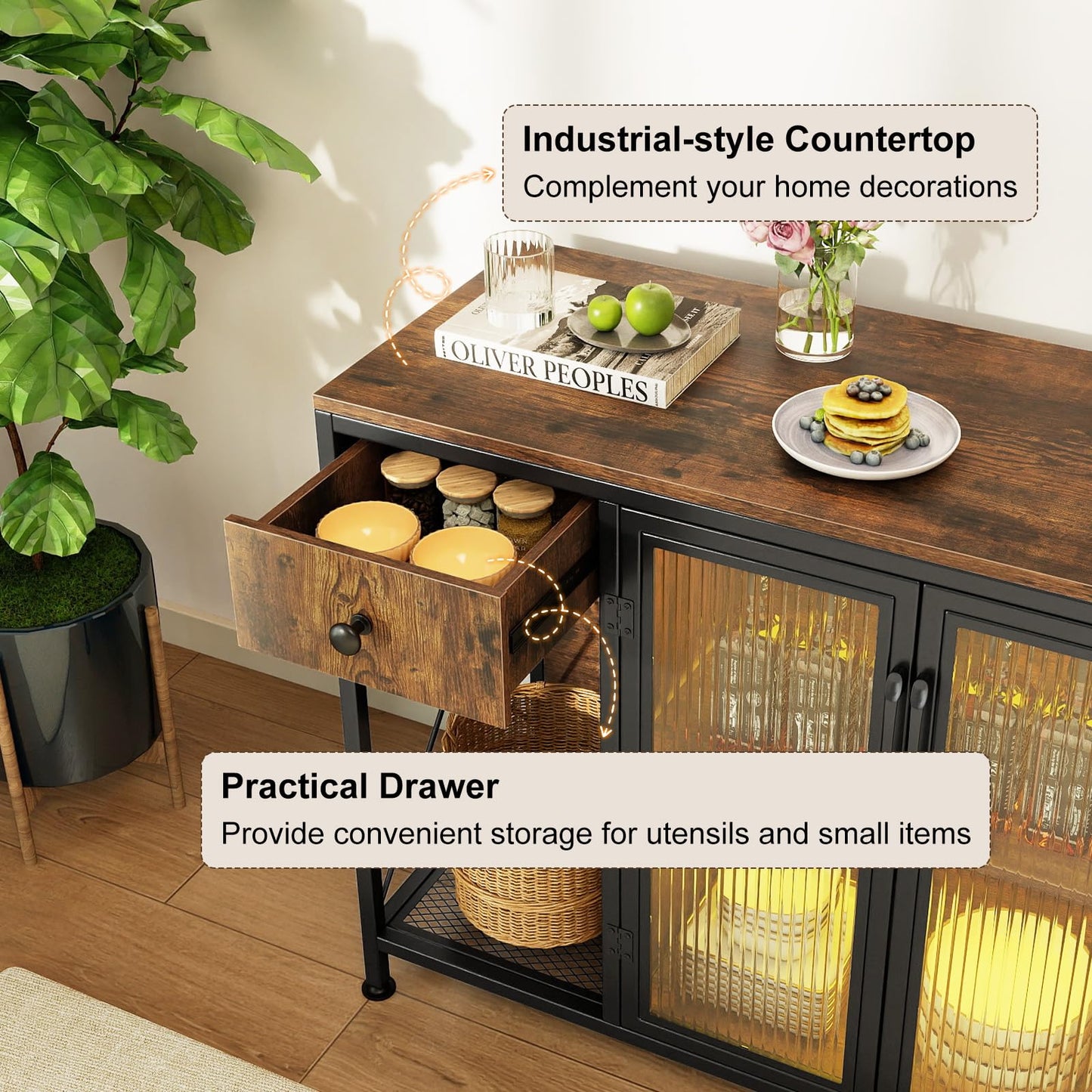 Buffet Sideboard with Power Outlets & RGB LED Lights, Wooden Storage Cabinet