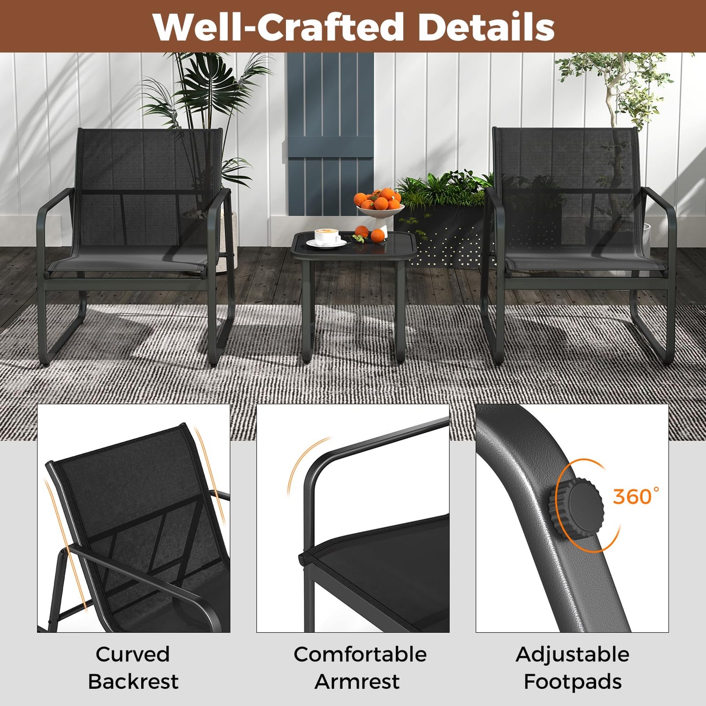 3-Piece Patio Bistro Set with Tempered Glass Table
