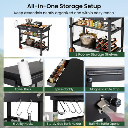 Portable Grill Table, Folding Grill Cart BBQ Prep Table with Heat-Resistant Mat
