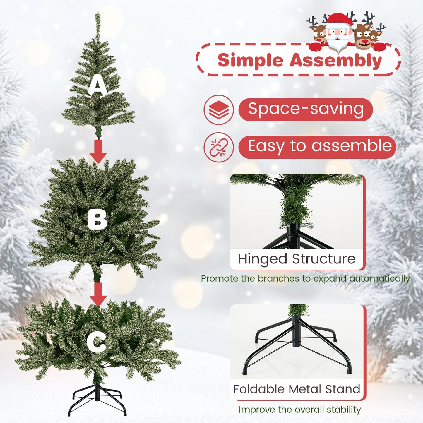 180 CM Glow-in-the-dark Artificial Christmas Tree Hinged Xmas Tree with 692 Branch Tips and Foldable Metal Stand