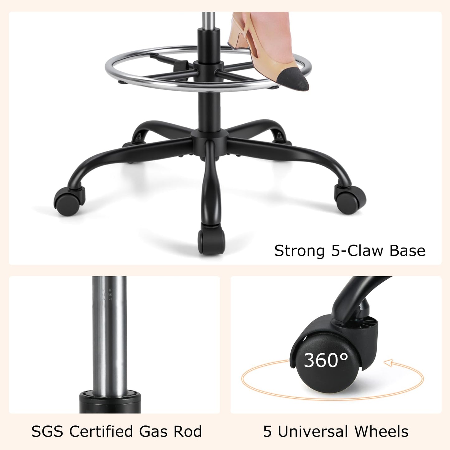 Height-adjustable Drafting Chair with Adjustable Armrests and Footrest Ring