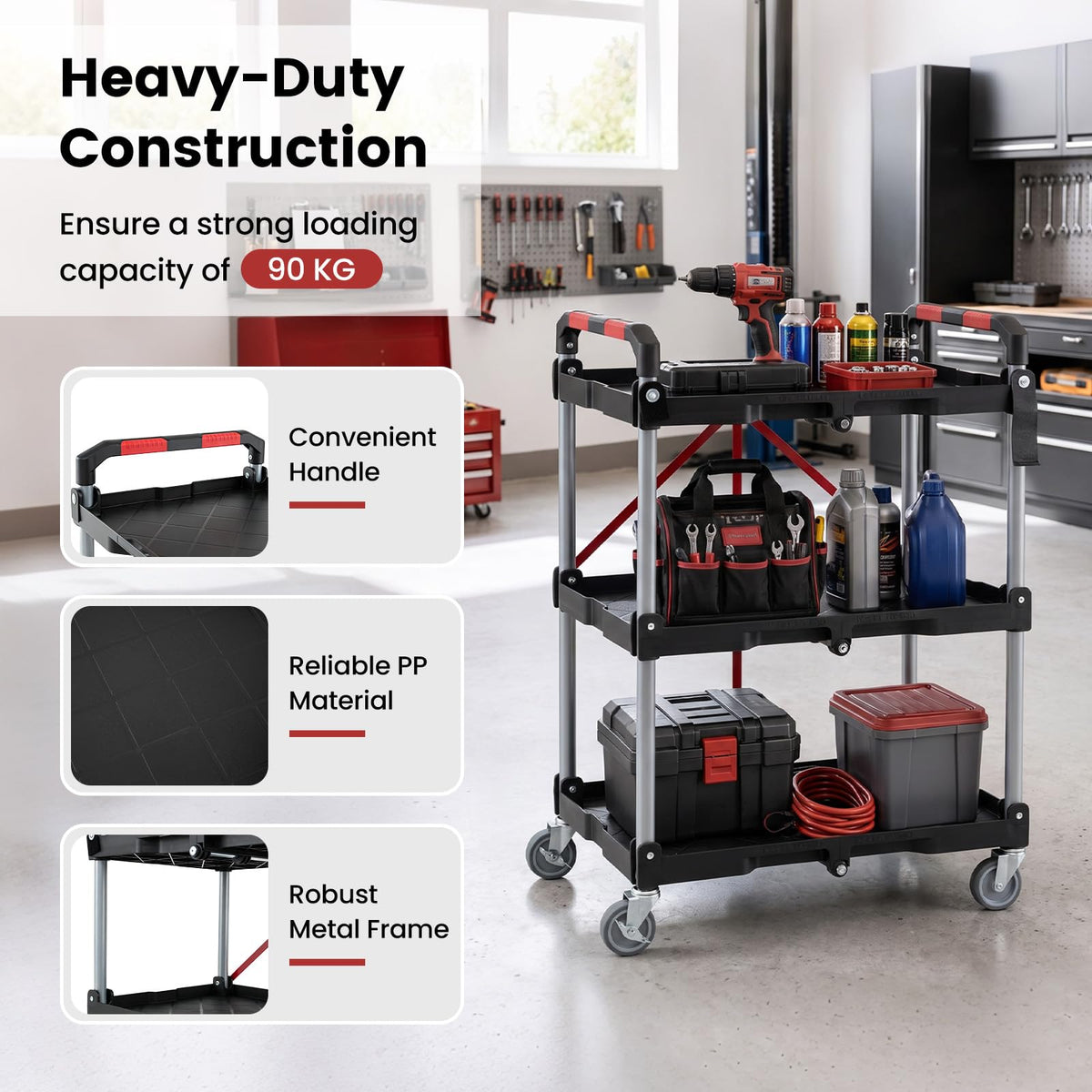3-Tier Folding Utility Cart with 360° Swivel Wheels for Garage