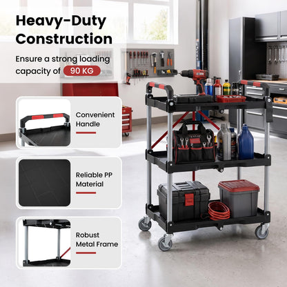 3-Tier Folding Utility Cart with 360° Swivel Wheels for Garage