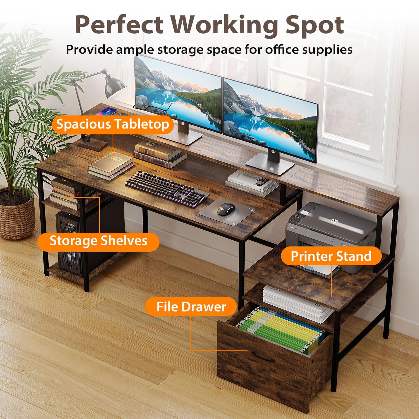 166CM Computer Desk with Charging Station, for Home Office, Study