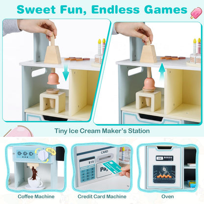 Kids Ice Cream Shop, Wooden Grocery Store Playset with 27 Accessories