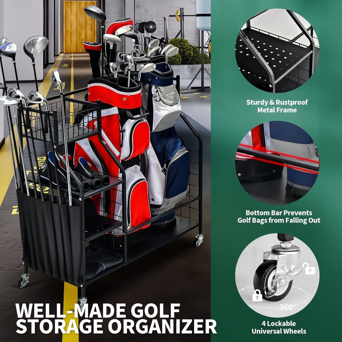 Double Golf Bag Storage Rack for Garage with Lockable Universal Wheels