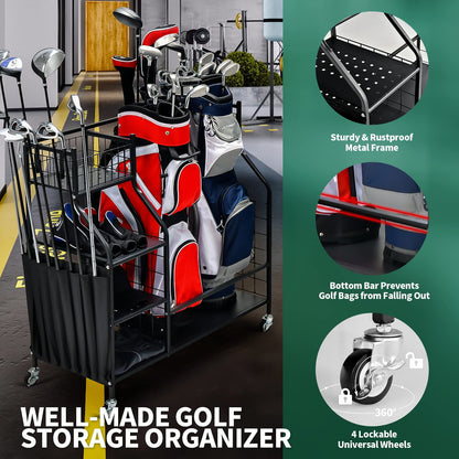 Double Golf Bag Storage Rack for Garage with Lockable Universal Wheels
