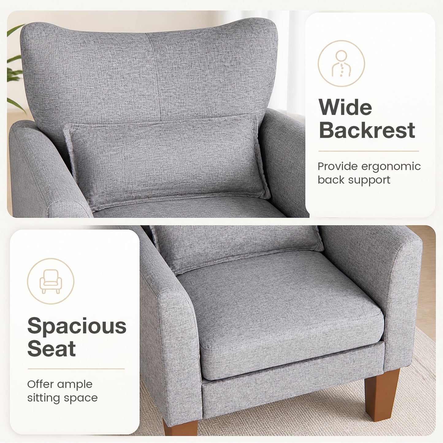 Wingback Armchair, Linen Fabric Accent Chair with Pillow