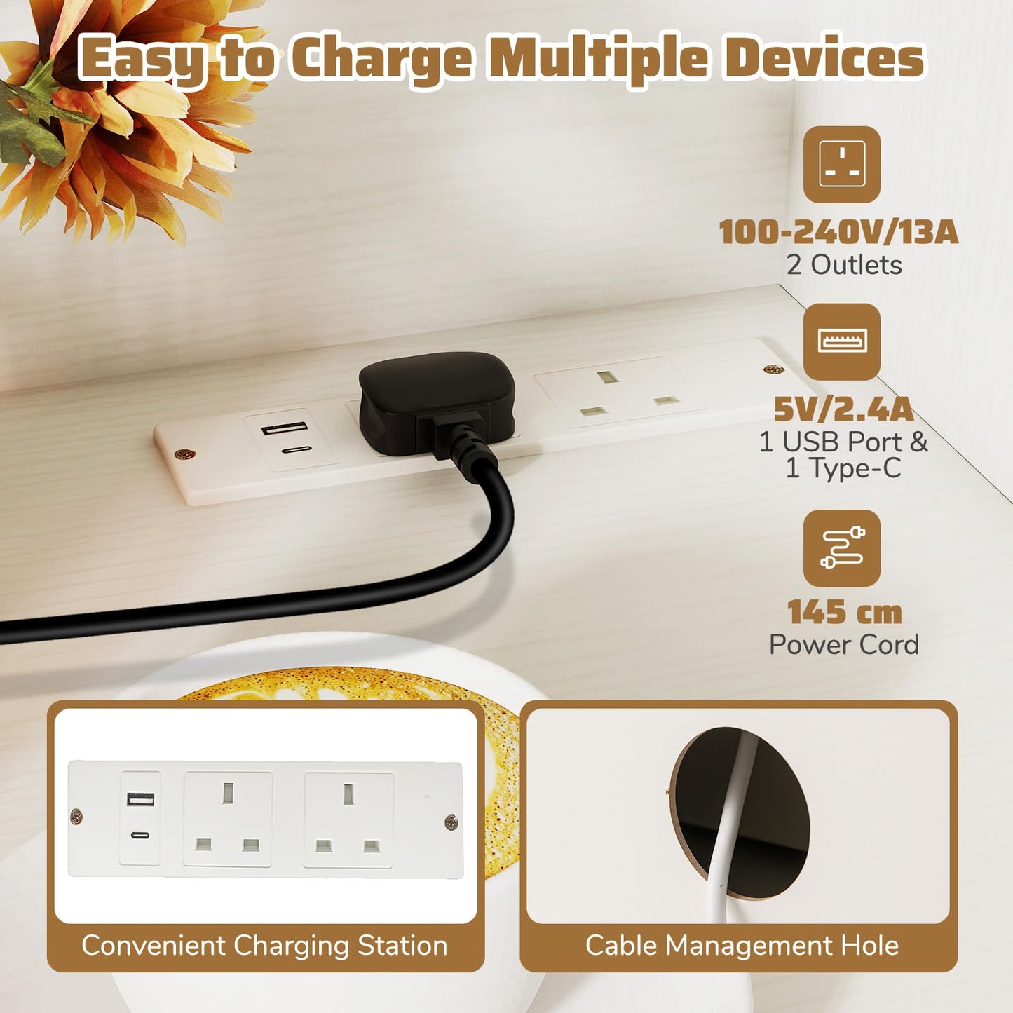 Kitchen Pantry Cabinet with Charging Station 168 cm Tall Cupboard with 4 Doors and 2 Adjustable Shelves