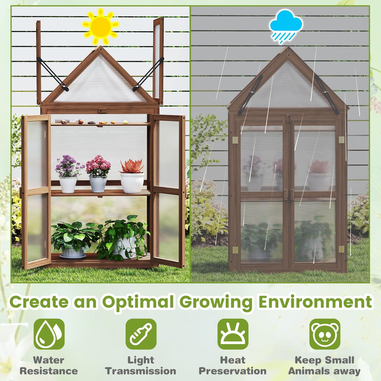 Cold Frame Mini Wooden Greenhouse with Transparent Openable Roof