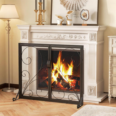 GiantexUK Fire Guard with Double Doors, Heavy Duty Metal Mesh Fireplace Screen with Stands