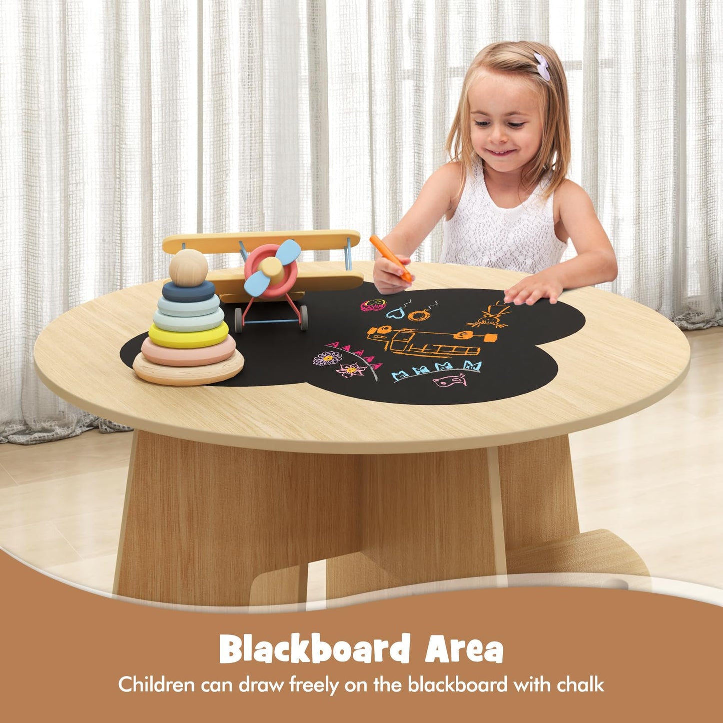 Kids Table and Chair Set, Wooden Flower Shaped Nesting Activity Desk