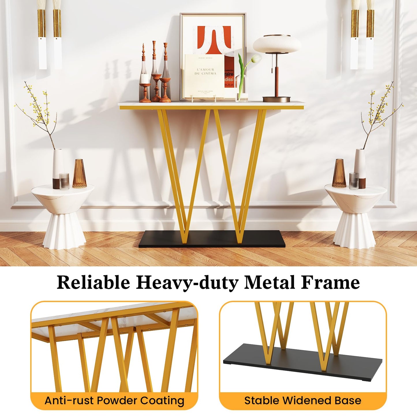 Modern Accent Extra Long Console Entry Table with Faux Marble Top