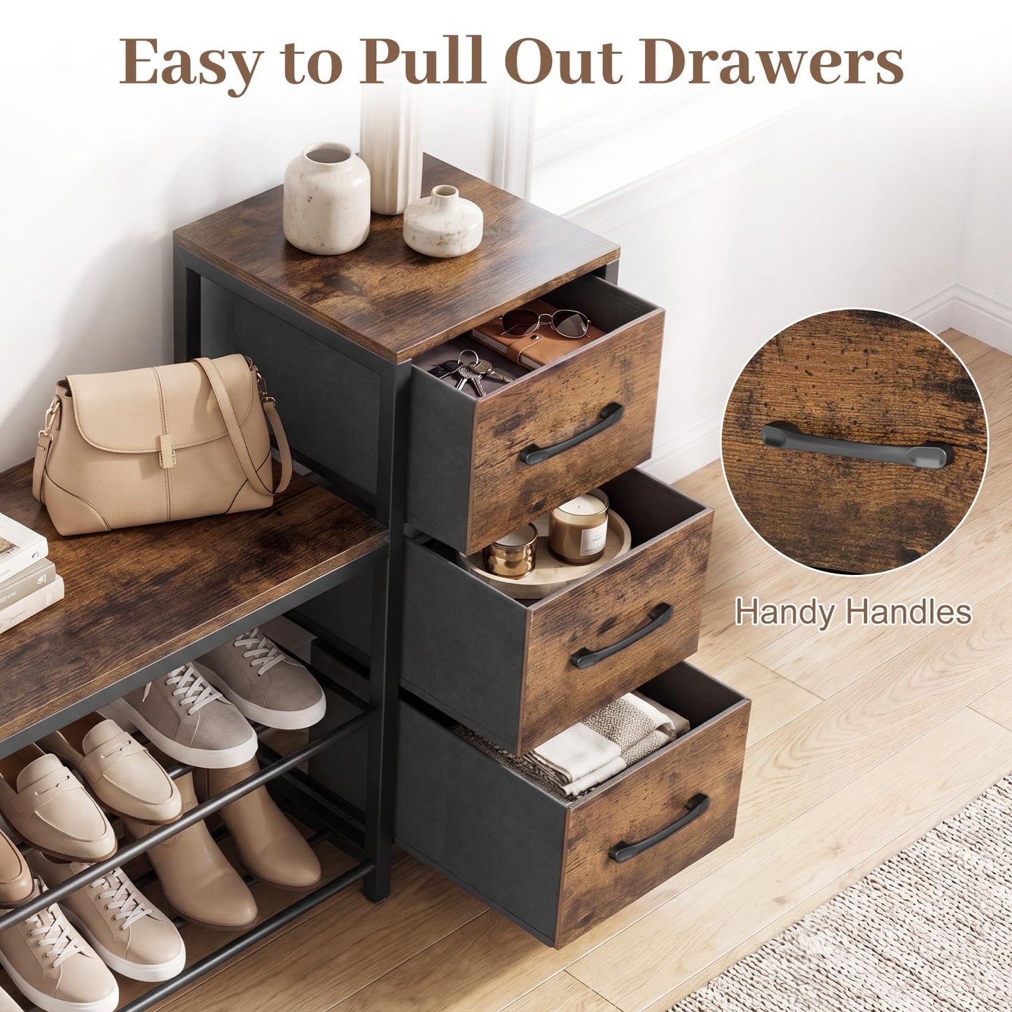 Industrial Shoe Bench with 3 Removable Drawers and Anti-Toppling Kits for Entryway