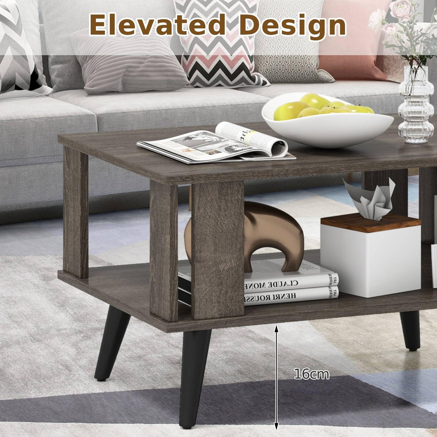 Wooden Industrial Coffee Table with Storage Shelf for Home Office