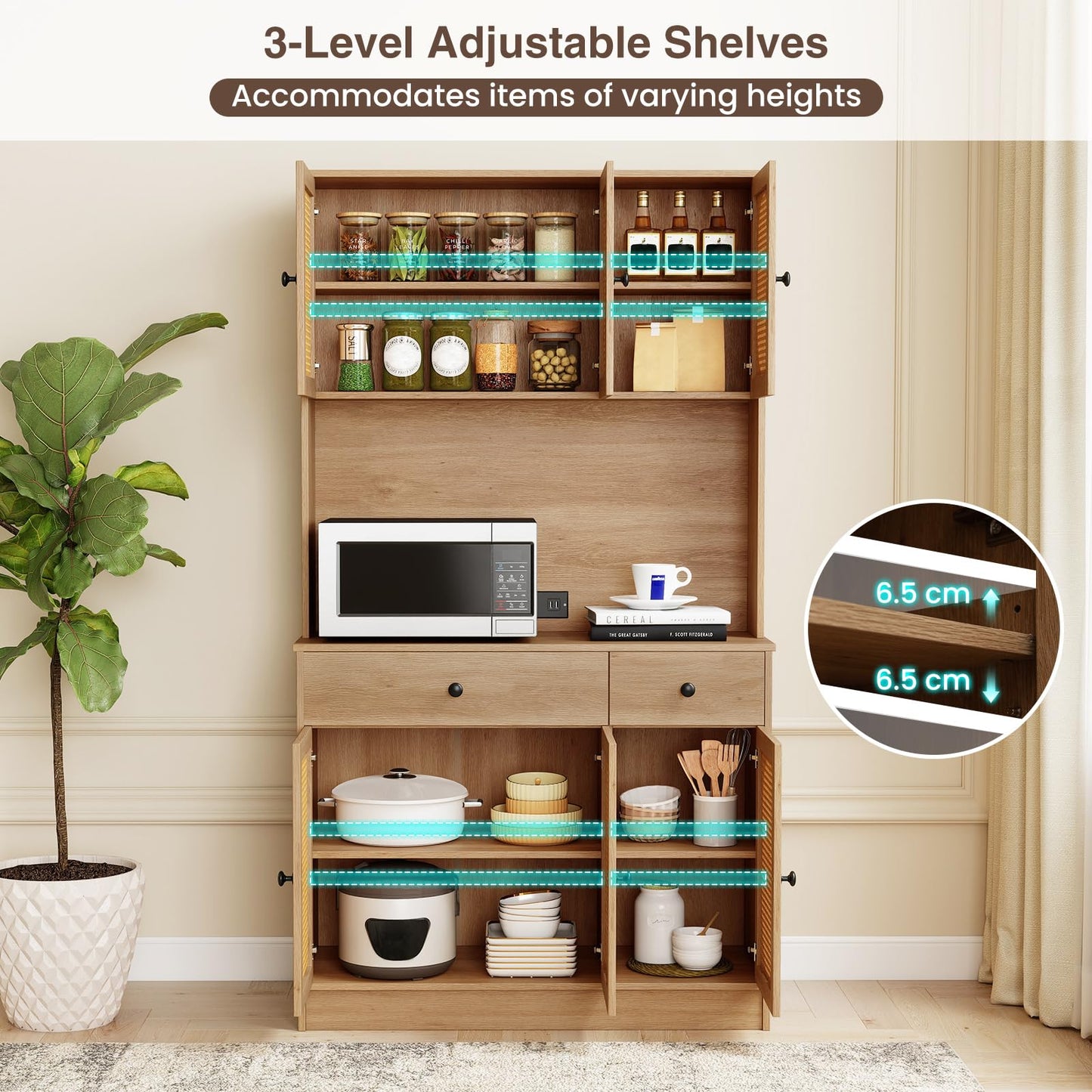 Kitchen Storage Cabinet with Charging Station and 6 Rattan Doors