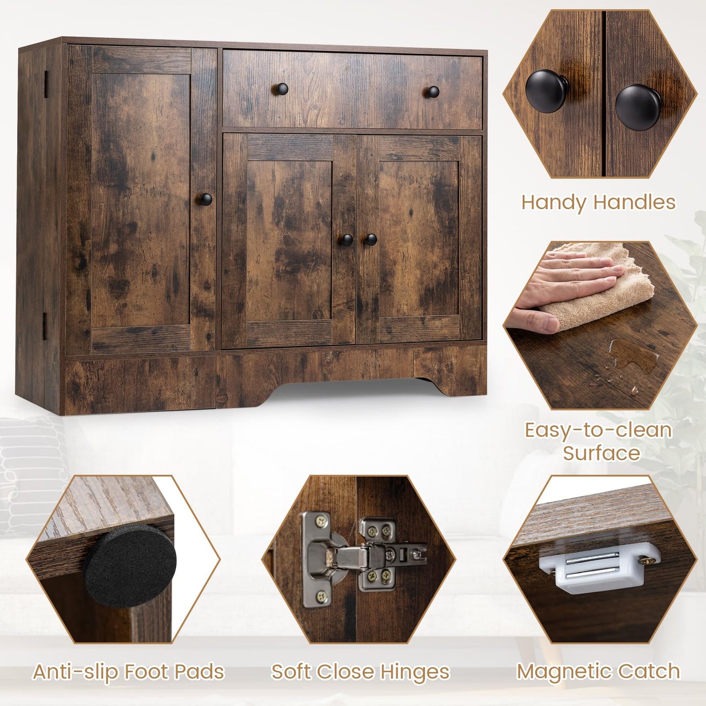 Storage Cabinet with 3 Doors, 3-Tier Side Rack & Lockable Wheel
