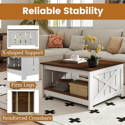 Farmhouse Coffee Table with Storage Shelf and Open Compartment