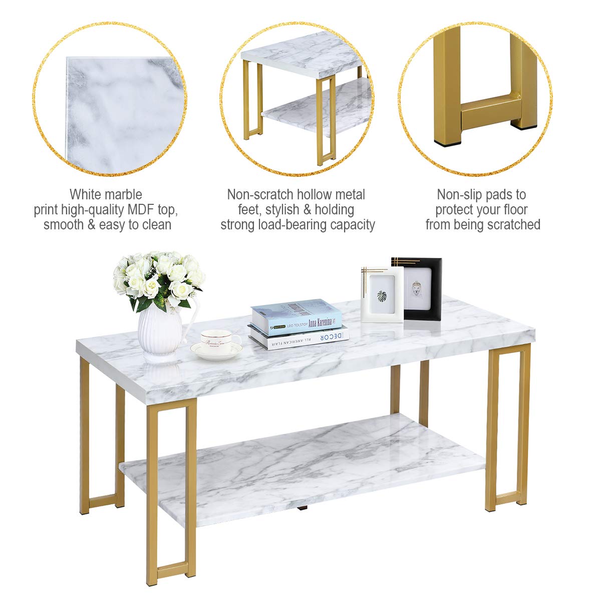 Marble Effect Cocktail Center Table with Storage Shelf