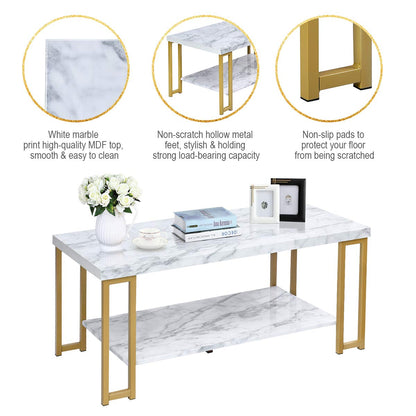 Marble Effect Cocktail Center Table with Storage Shelf