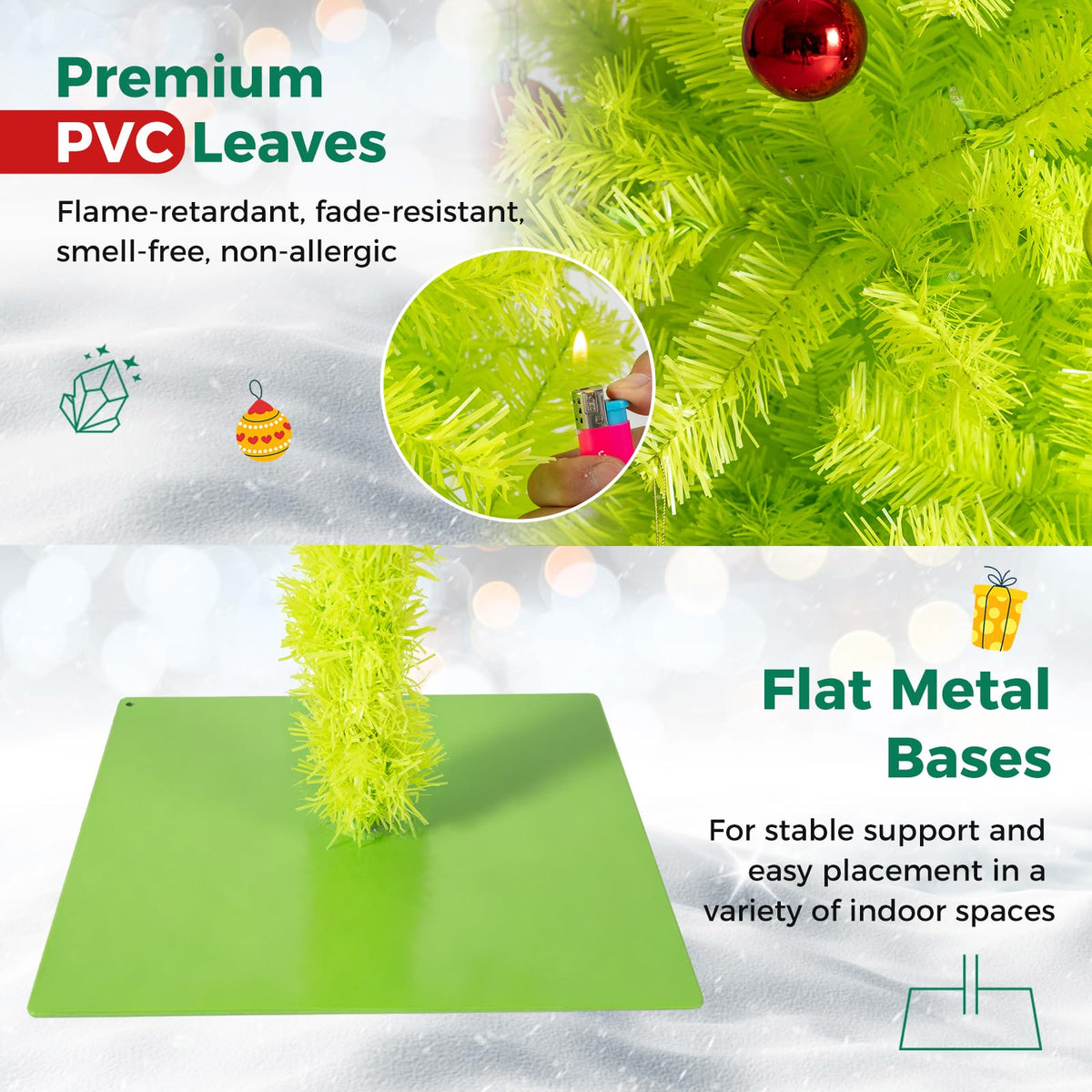 Pre-Lit Christmas Tree, Slim Artificial Xmas Tree with Curved Top Neon Chartreuse PVC Foliage, Warm White LEDs, 8 Light Modes, Pre-Decorated with Baubles, Metal Base for Indoor Use Visit the TANGZ