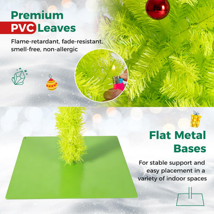 Pre-Lit Christmas Tree, Slim Artificial Xmas Tree with Curved Top Neon Chartreuse PVC Foliage, Warm White LEDs, 8 Light Modes, Pre-Decorated with Baubles, Metal Base for Indoor Use Visit the TANGZ