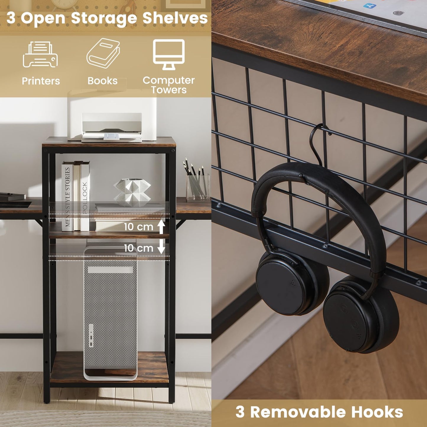 240 cm Long Convertible 2-Person Desk with Printer Stand and Adjustable Shelf